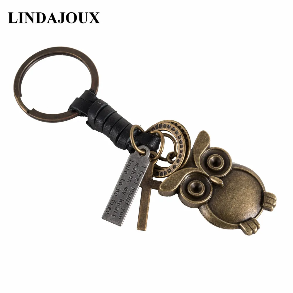 LINDAJOUX Fashion Genuine Leather Key Chains Car Pendant Alloy Owl