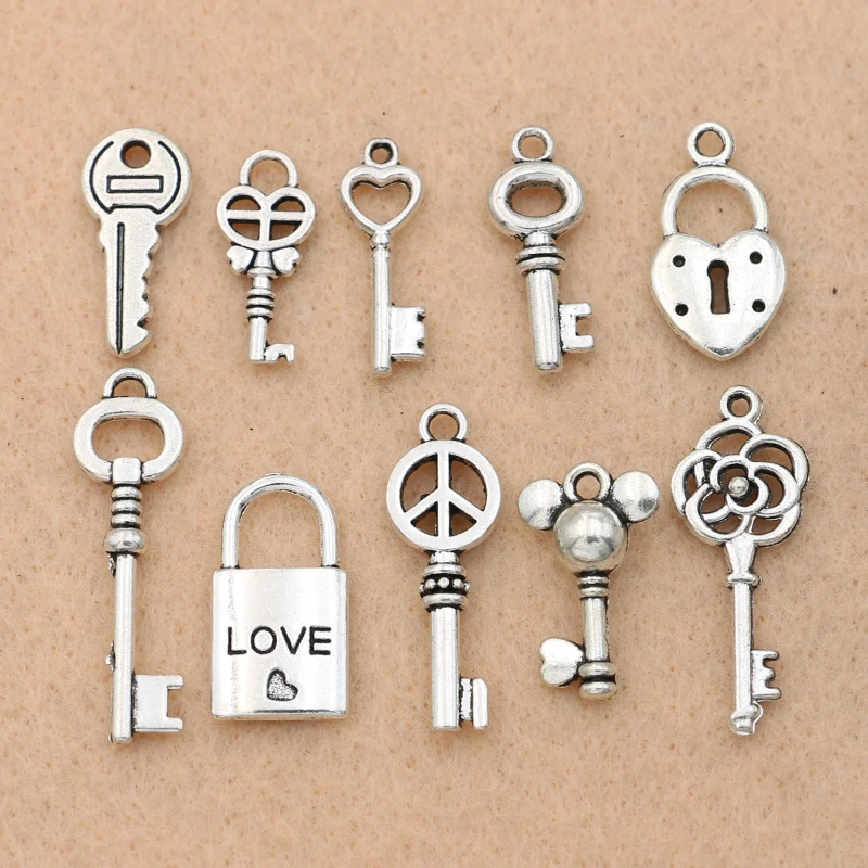 Antique Silver Plated Jewelry Making Charms Lock Heart Wing Love Key Crafting Antique Silver Plated Jewelry Making Charms Lock Heart Wing Love Key Crafting