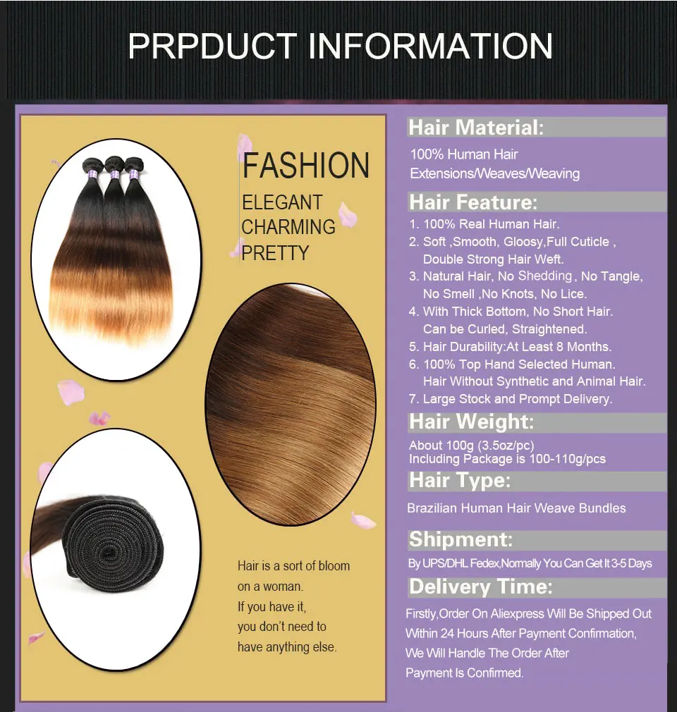 ALIMICE Ombre Brazilian Hair Straight Hair 3 Bundles T1B430 Non Remy Human Hair Weaves Bundles 3 Tone Ombre Hair Extensions (1)