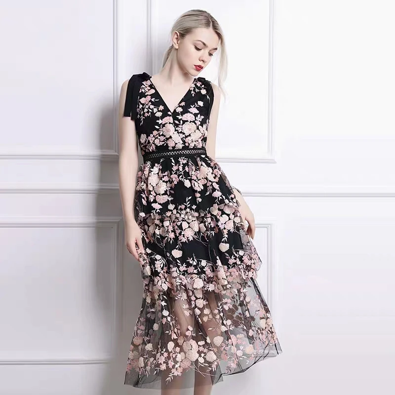 

Self Portrait Dress 2019 Sexy Women Double V neck Sleeveless Floral Embroidery Sequin Dress Backless Tunic Mesh Long Party Dress