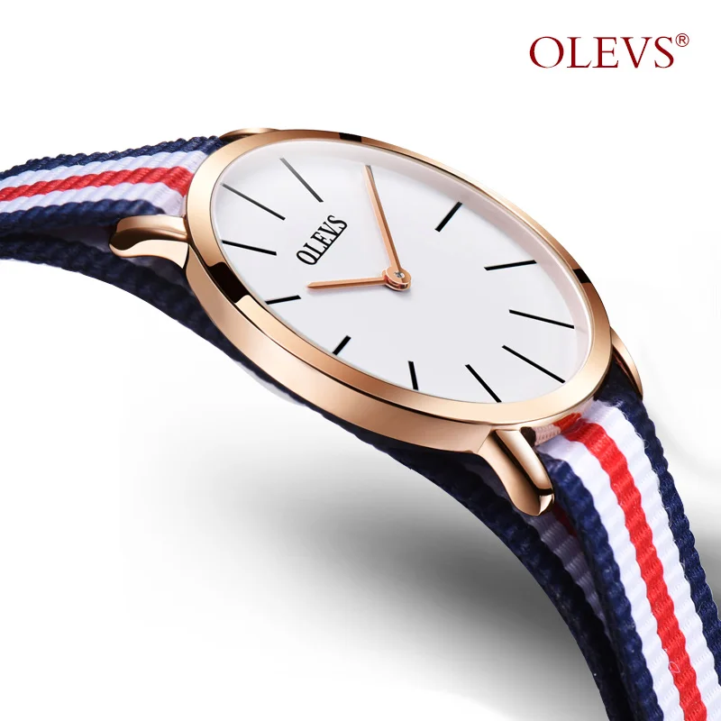

OLEVS Simple Women Quartz Watches Multicolor Stripe Thin Ladies Wristwatches Canvas Strap Two Hands Clock Watch for Girl Student