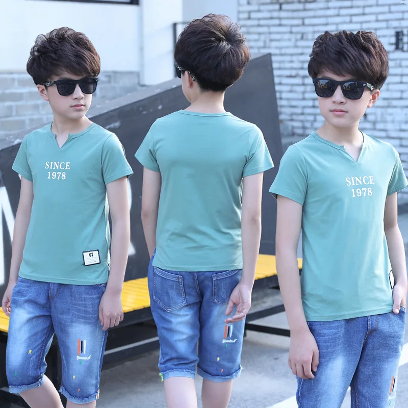 Летняя школьная Спортивная хлопковая футболка с короткими рукавами для мальчиков-подростков+ джинсовые штаны комплекты одежды из 2 предметов спортивный костюм для детей, комплекты для мальчиков, костюм