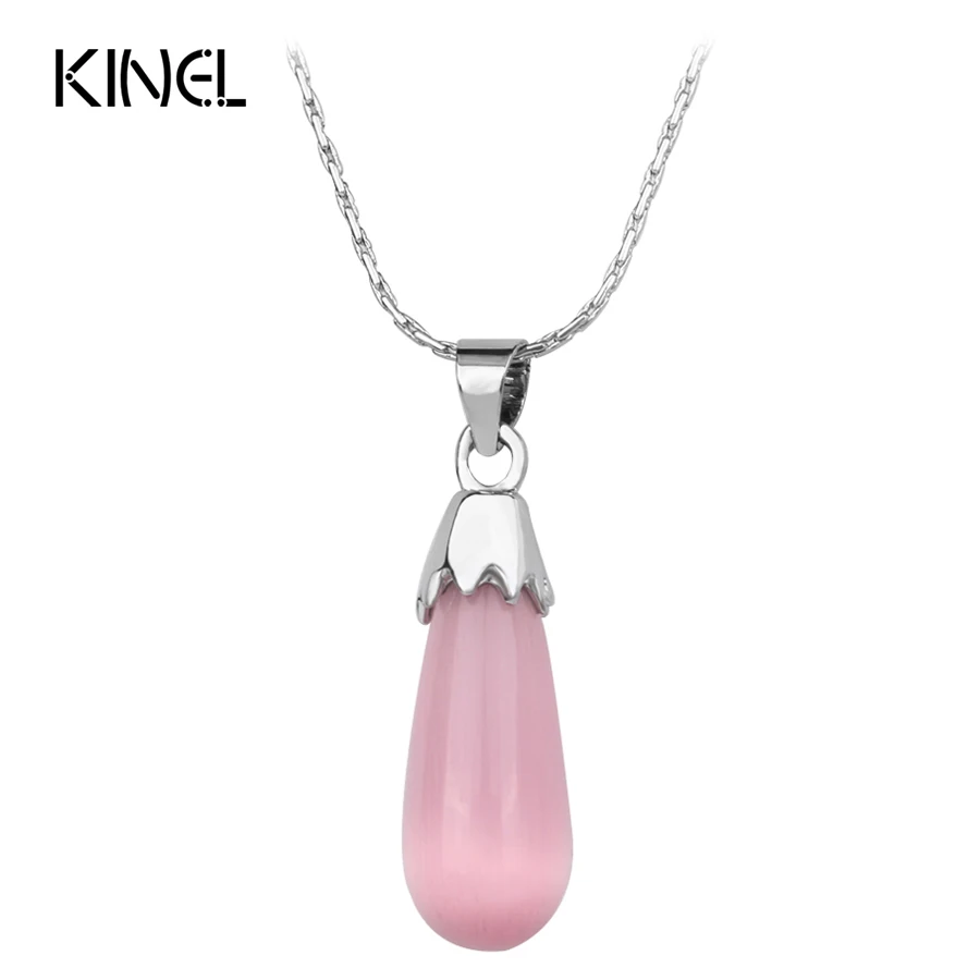 

Beautiful Pink Opal Necklace Silver Plated Water Drops Pendant 45CM Fine Chain Fashion Jewelry For Women 2016 L Y Brand
