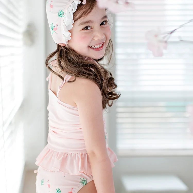 

Swimsuit For Girls Summer Beach Kids Two Pieces Swimwear Spring Cute Pink Split Skirt Style Children Surfing Suit With Cap