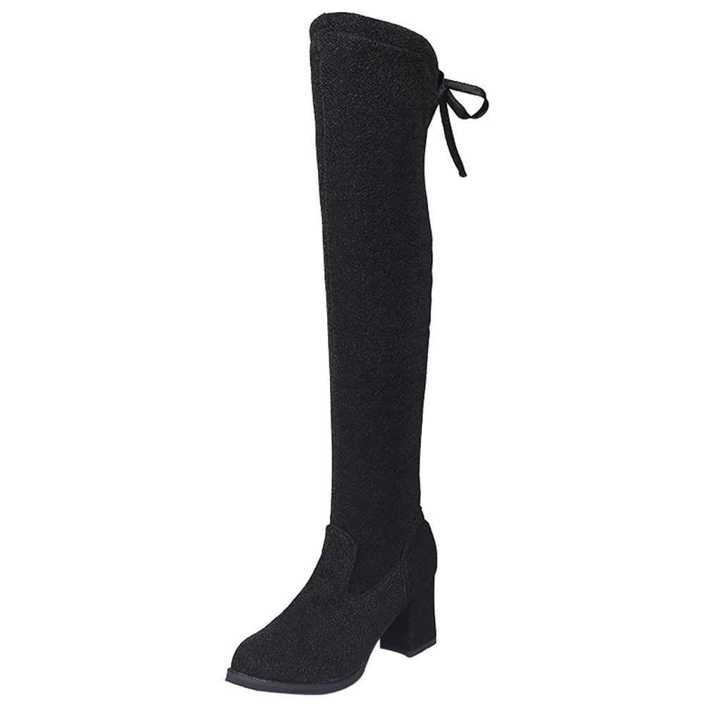 Женские эластичные сапоги на высоком каблуке со шнуровкой, расшитые блестками; пикантные модные сапоги выше колена; женская обувь на высоком каблуке; Цвет Черный