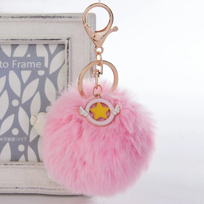

Pink Star Keychain Cartoon Pompom Avengers Key Chains As Jewelry Fur Ball Key Chain Fluffy Keyring For Women Car Bag Key Ring