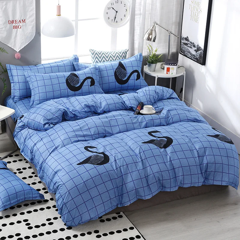  3/4pcs/Set Geometric Pattern Cotton Comforter Bedding Set Black Bed Linen Duvet Cover Set Grey No F