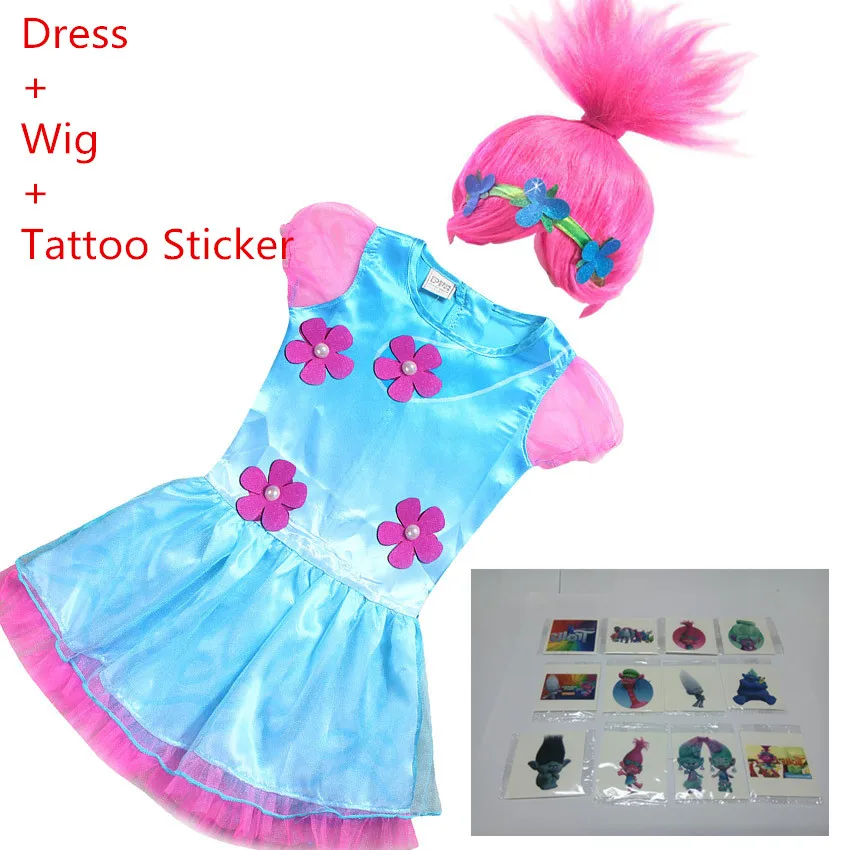 

Trolls Poppy Cosplay Dress + Halloween Cosplay Wig Birthday Party Supplies Girl Party Costumes Kids Party Hats Cosplay Dress