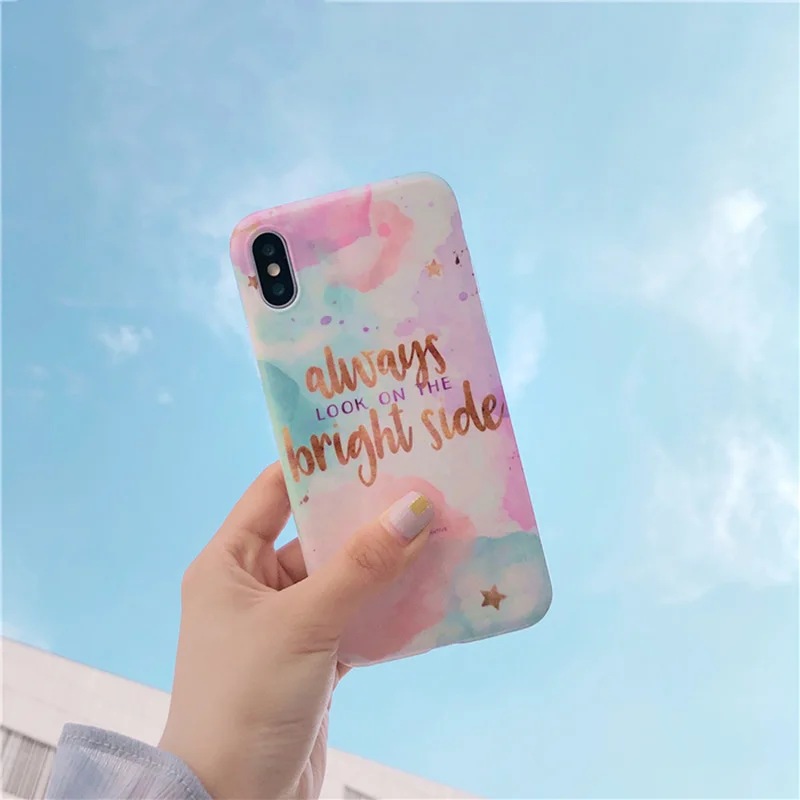 

Beauty Colorful Gradient Phone Case For iphone 7 6s 6 8 plus Case For iphone X Soft Cover Cute Golden Letter Star Glossy Cases