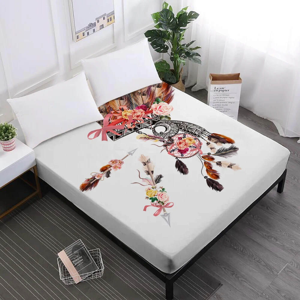 

Luxury Bed Sheets Colorful Feather Owl Print Fitted Sheet Dreamcatcher Series Mattress Cover Bohemia Sheets Elastic Band D25