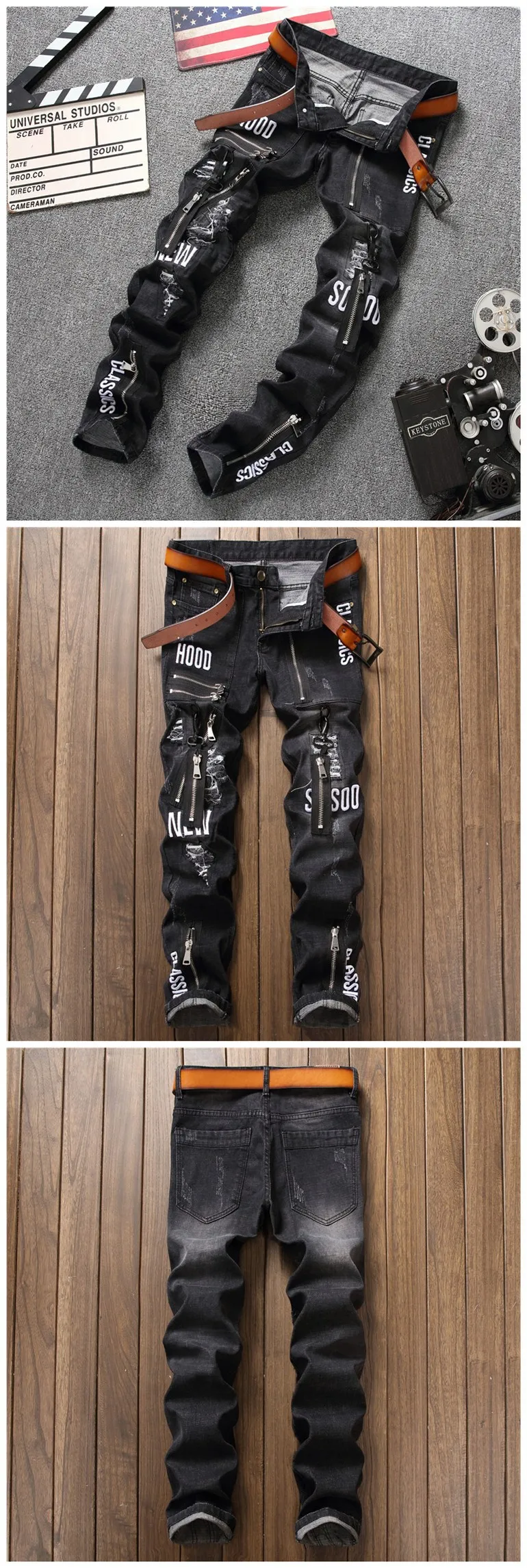 ABOORUN мужские черные панк джинсы с несколькими молниями рваные джинсы Уличная одежда для ночного клуба джинсы для мужчин R474