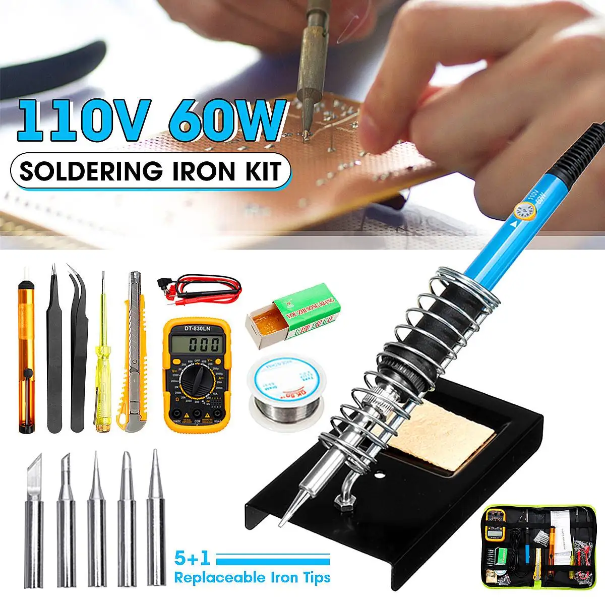 

US Plug 110V Temperature Adjustable Electric Soldering Iron Set Welding Solder Station Heat Repair Tools With Digital Multimeter