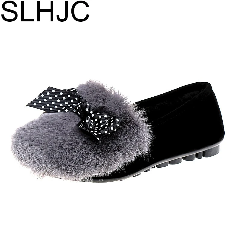 

SLHJC Autumn Winter Shoes Flat Heel Round Toe Slip On Casual Loafers With Fur Bowtie Slip Resistance Plush Shoes Smaller 1 Size