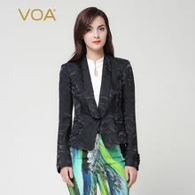 VOA весна осень длинный рукав шелк жаккард черный костюм плюс размер одна кнопка карман короткие тонкие офисные женские топы W7256