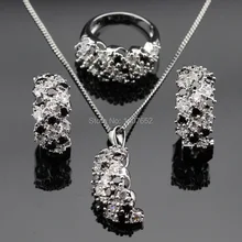 Blanco Negro Cubic Zirconia Color Plata Sistemas de La Joyería Collar Colgante Pendientes Anillos Para Mujeres Navidad Caja de Regalo Libre