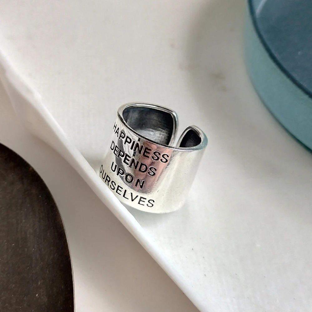 

HAPPYNIESS DEPENDS ON YOURSELVES Free Style Open Ring For Men Women Vintage 925 Sterling Silver Hip Hop Punk Bands Daily Ring