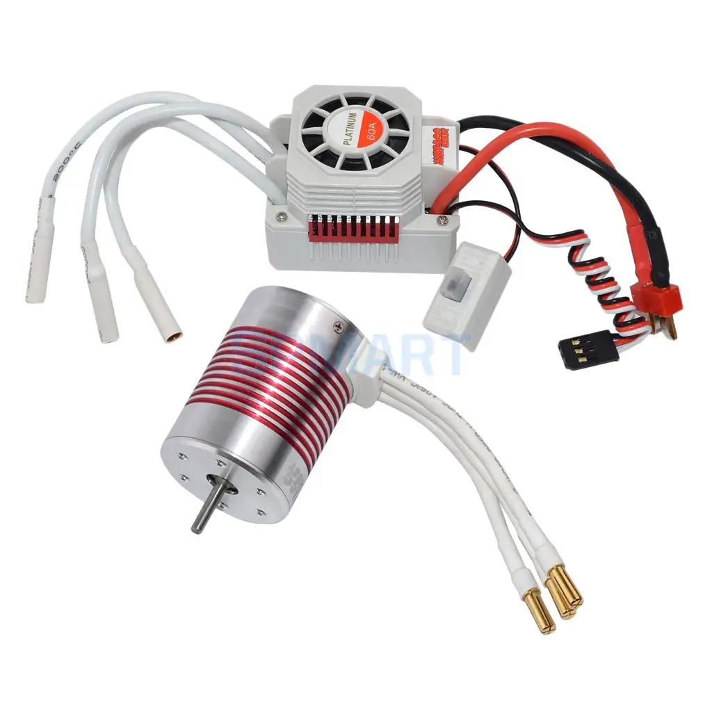 

Waterproof 3650 5200KV Brushless Motor+60A ESC Combo Set for 1/10 RC Car Truck Crawler High efficiency Red Silver