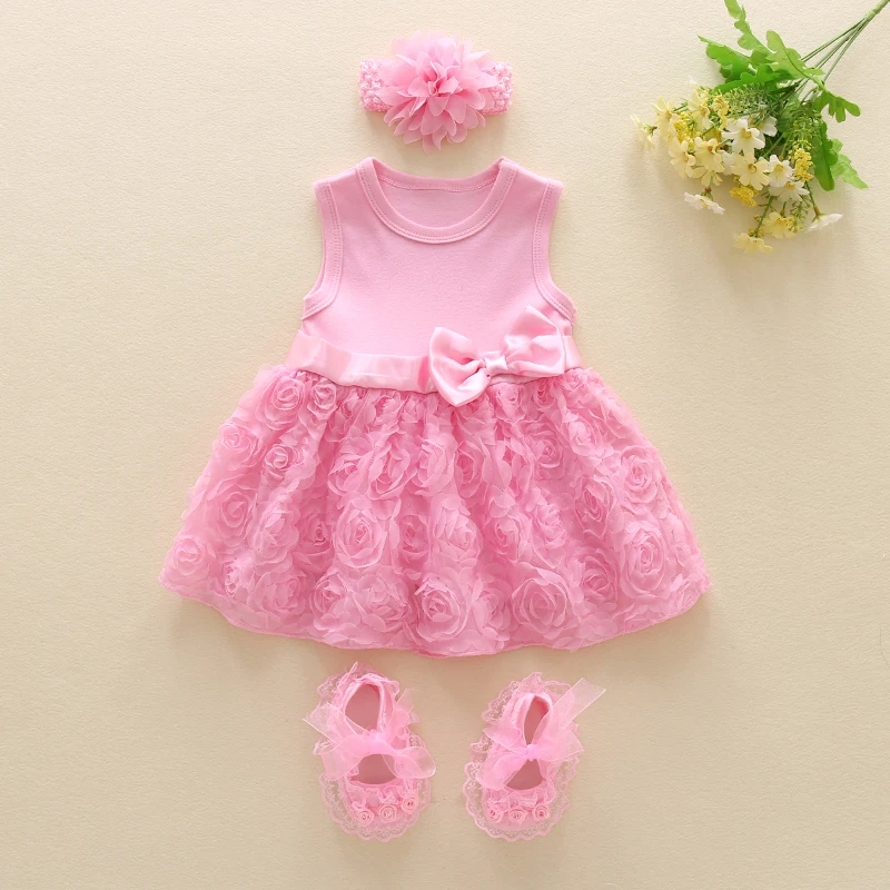 

Newborn clothes infant baby girls twins summer dress & headband & shoes set party baby birthday wedding dress baby shower gift