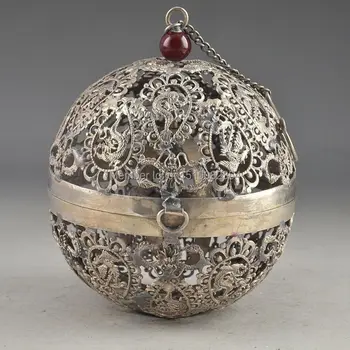 

CHINESE SILVER PLATED HAND NOT SHELF DRAGON PHOENIX CIRCLE THE CRICKET CAGE BALL