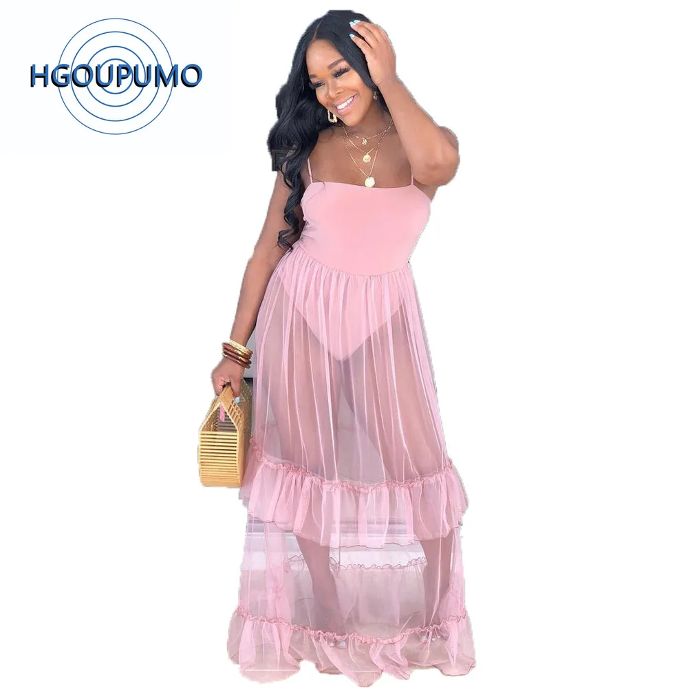 

Sheer Mesh Spliced Sexy Bohemian Dress Women Spaghetti Strap Backless See Through Dress Summer Strapless Ruffle Long Maxi Dress