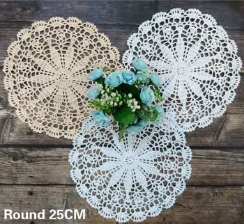 

25CM Round Vintage Cotton Lace Table Cloth Crochet Flowers Tablecloth Coaster Home Kitchen Dinner Doily Christmas Wedding Decor