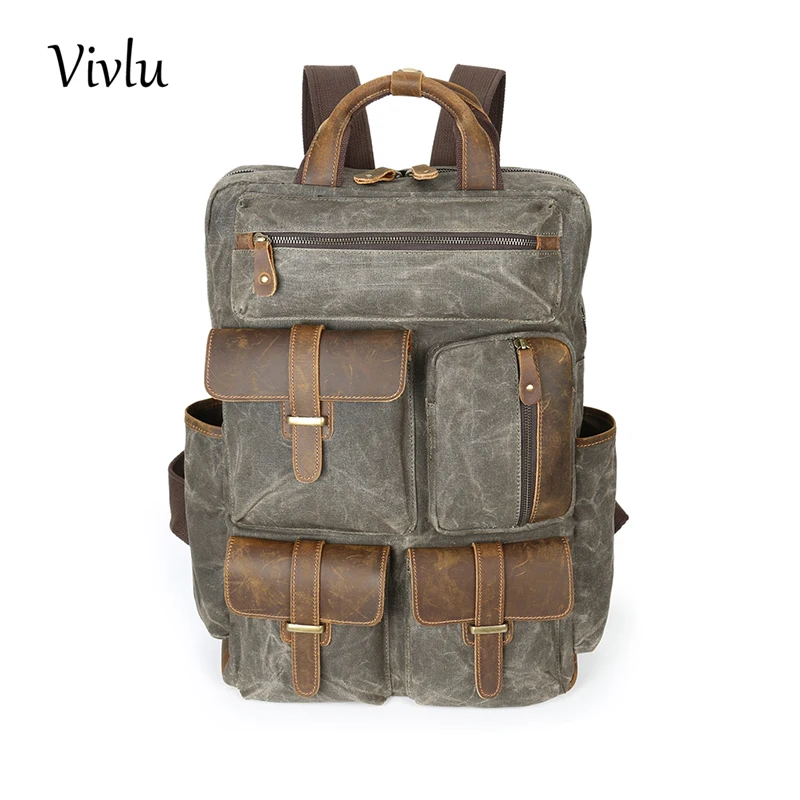 

Large Capacity Vintage Canvas Crazy Horse Genuine Leather Shoulder Bag Travel Backpack Men School Leather Backpack BG-057