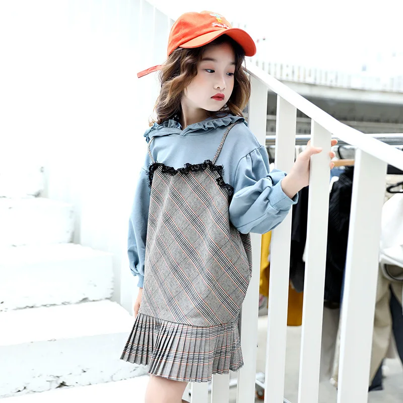 

New autumn spring Girl Dresses Long Sleeve Hooded Dress for Teens Casual lattice Print Kids Clothes Ruffles Princess Dress