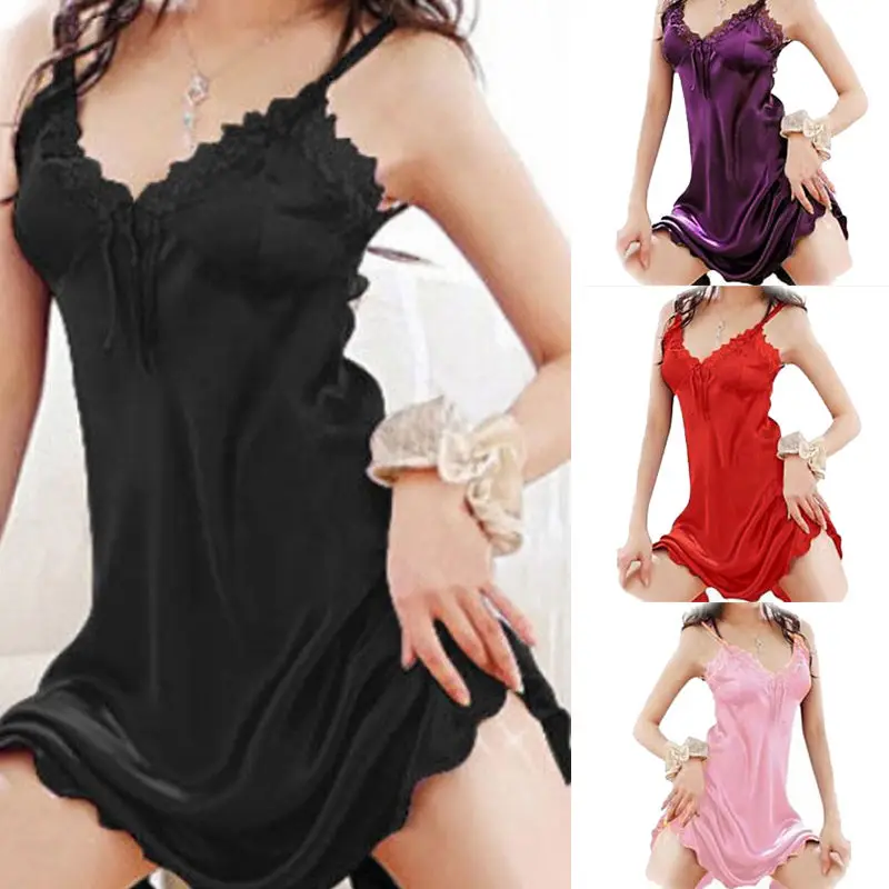 2018 Sexy Lingerie Women Lace Satin Dress Babydoll Nightdress Nightgown Sleepwear Red Purple Black Pink