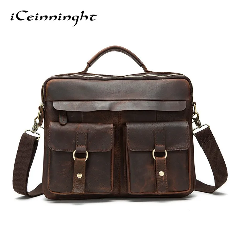 

ICeinnight High Quality Leather Men Bag Men's Briefcase Leather Laptop Bag Business Male Men Travel Handbag Tote Crossbody Bags