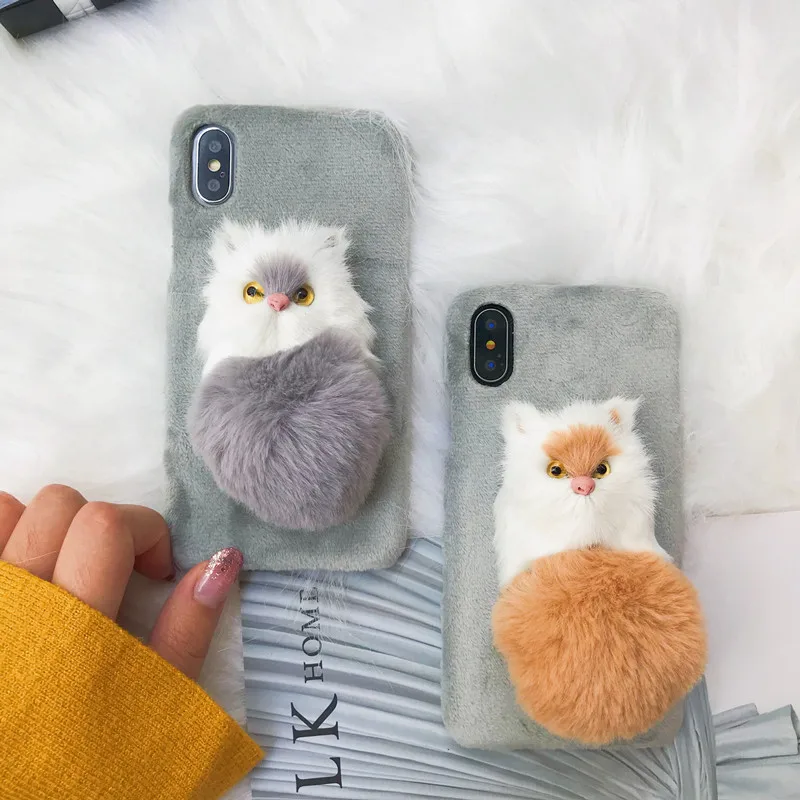 

DIY 3D Cat Case for Huawei P 20 10 9 lite mate 10 9 Pro honor V 10 9 8 nova 2 3 Plus Soft Fur Plush Hard Shell Phone Back Cover