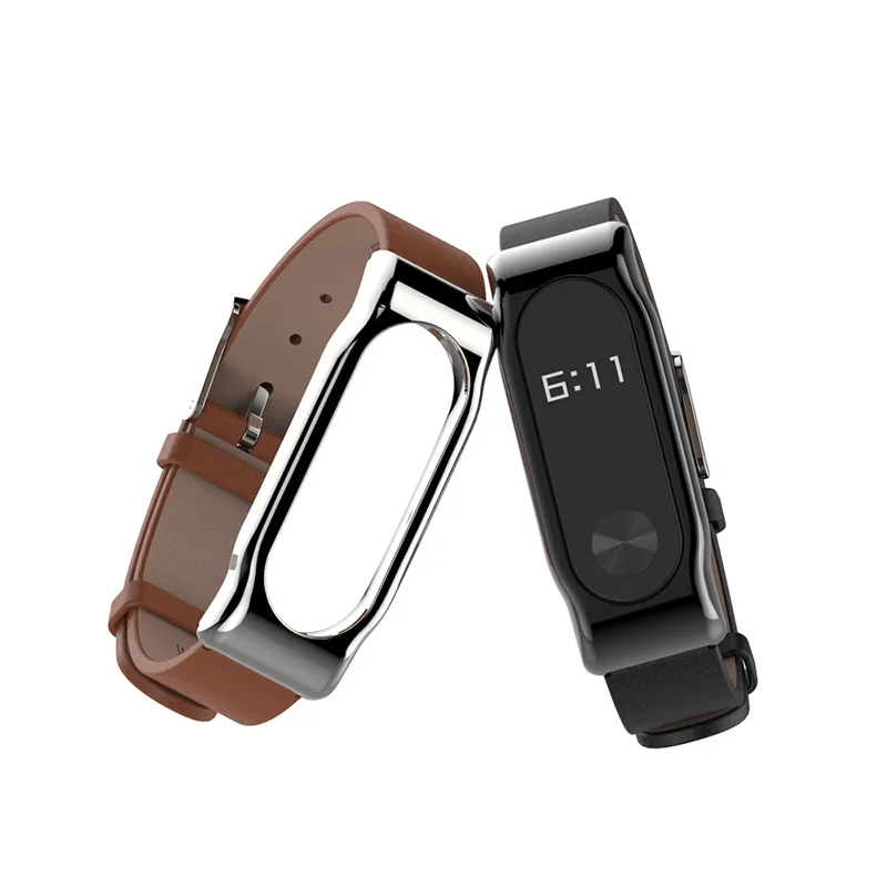 Mijobs Replacement Leather Strap for Xiaomi Mi Band 2 Genuine Leather