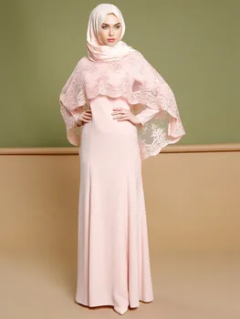 

Beautiful Pink Gray Muslim Evening Dresses Dubai Evening Gowns Two Piece Ramadan Gulben Festival Long Sleeve Lace Cape Gowns