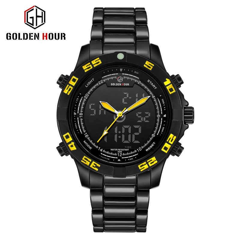 

2018 Fashion Dual Time Digital Men Watches GOLDENHOUR Sport Alarm Date LED Clock Full Steel Quartz Wristwatch Top Brand Luxury