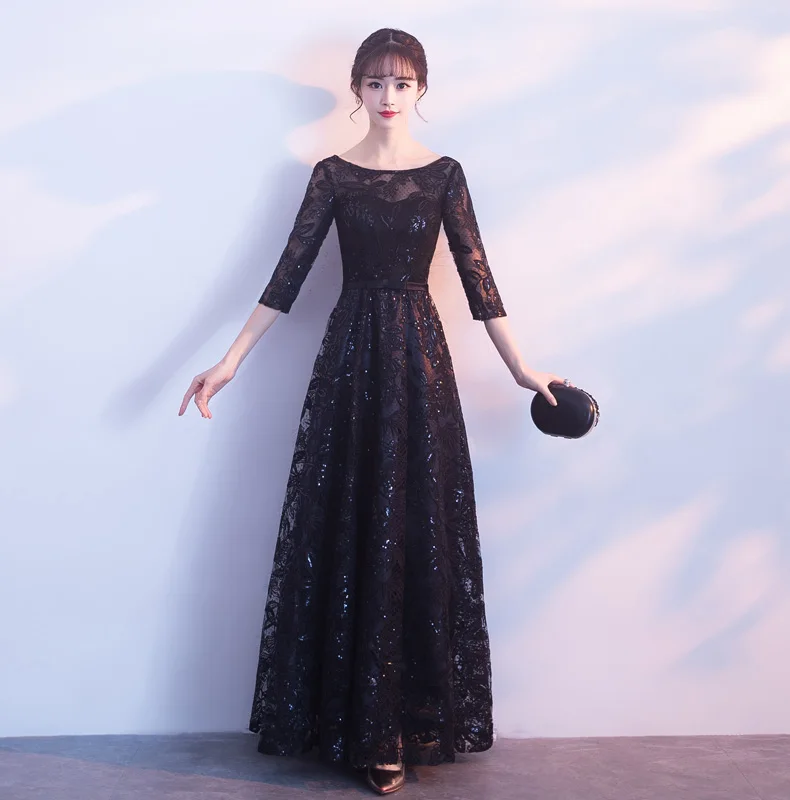 Ladybeauty Новое поступление Модный деловой Длинные Черный блесток с круглым вырезом элегантное кружевное вечернее платье с молнией сзади выпускного вечера праздничное платье - Цвет: Черный