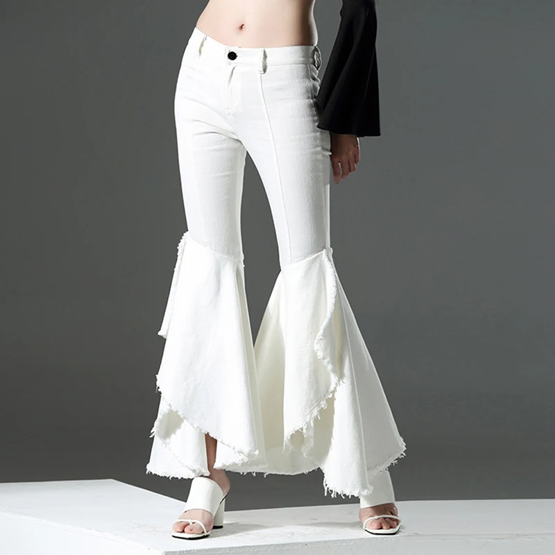 white ruffle flare pants
