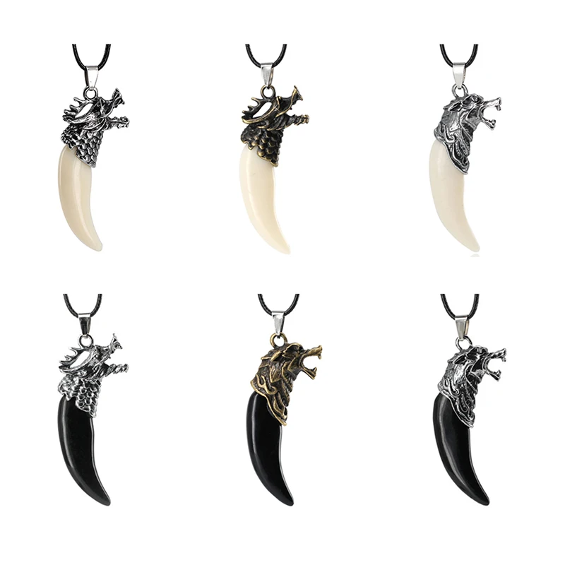 Men Antique Wolf Fang Tooth Pendant Necklace Vintage Wolf Tooth Dragon Alloy Pendant Necklace Fashion Choker Jewelry Gift
