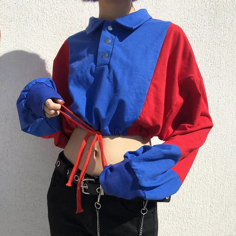

Patchwork Contrast Block Color Button Turndown Drawstring Waist Loose Hoodie Jogger Harajuku Streetwear Sweatshirt Crop Top Sexy