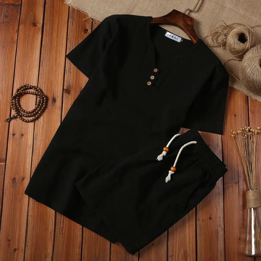 2019 الصيف مجموعة قصيرة الرجال الدعاوى القطن الكتان رياضية جولة الرقبة الذكور أبلى بلوزات النقي اللون T قميص + السراويل S-XXL