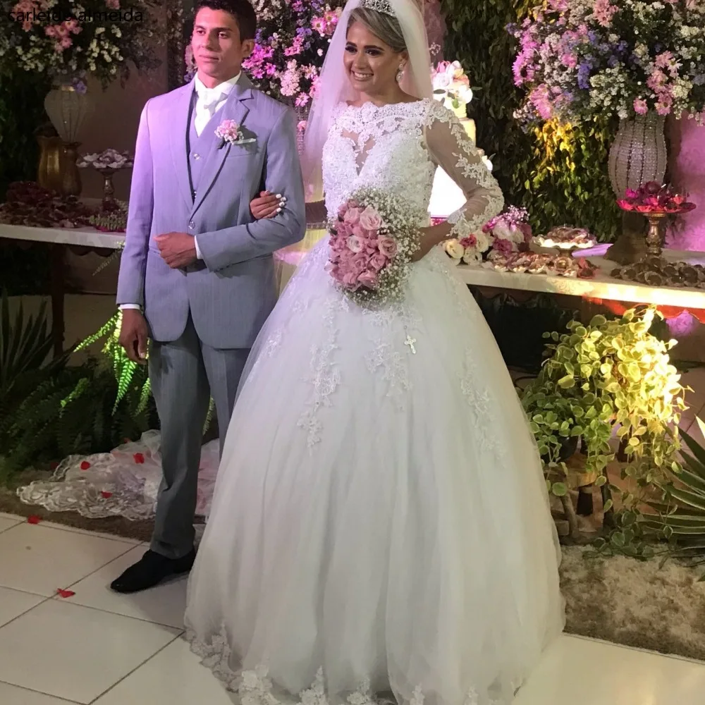 

Vestido de noiva Long Sleeves Ball Gown Wedding Dress Pearls Lace Appliques Wedding Gowns with Tail Abiti da sposa Boda