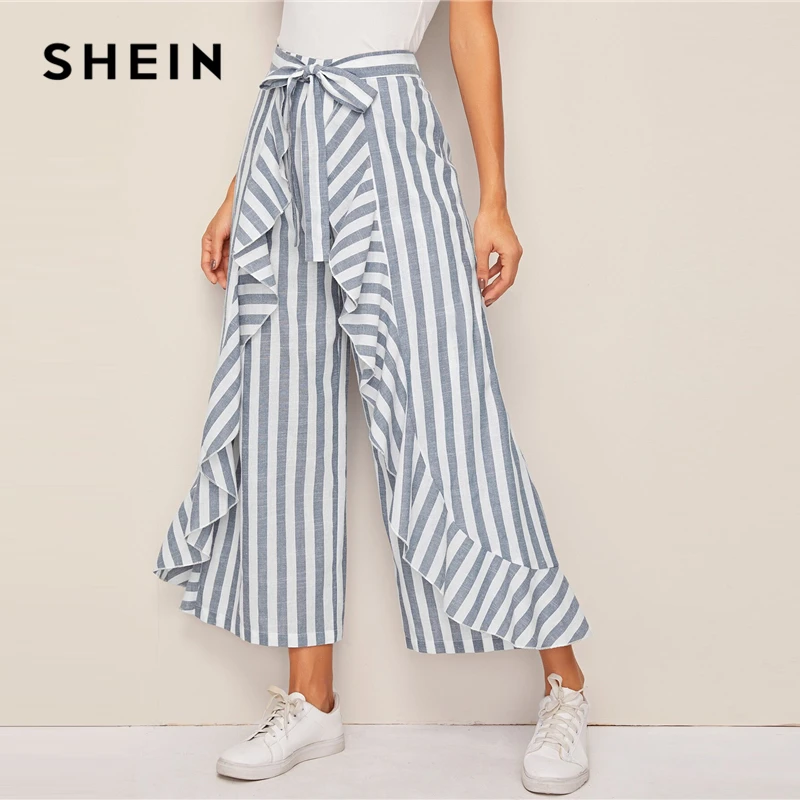 SHEIN двухцветные брюки палаццо с оборками и поясом, Boho, с высокой талией, широкие брюки, весна-лето, свободные женские брюки в полоску