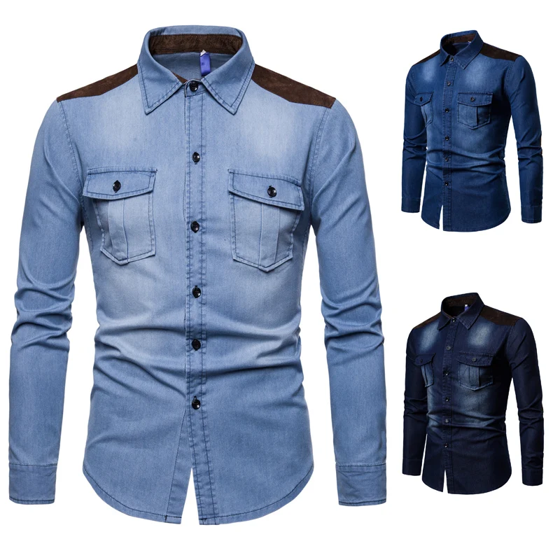 2018 для мужчин s хлопковые рубашки мода страна народном этническом повседневное Винтаж Синяя джинсовая рубашка ковбой с длинным рукавом Жан