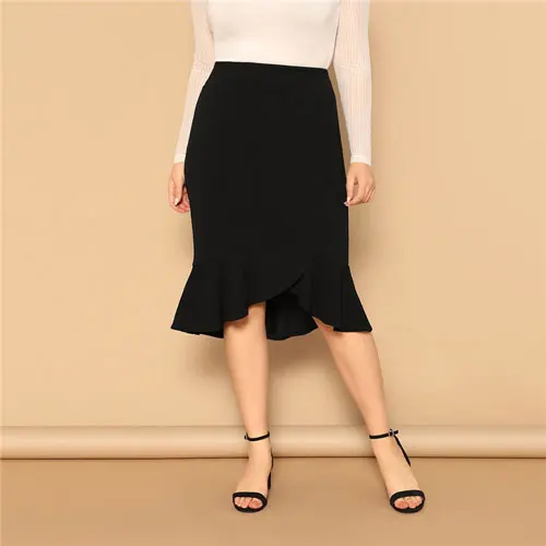 SHEIN размера плюс Асимметричная гофрированная черная облегающая Офисная Женская юбка элегантная однотонная до колен Повседневная юбка-карандаш для выходных - Цвет: Черный