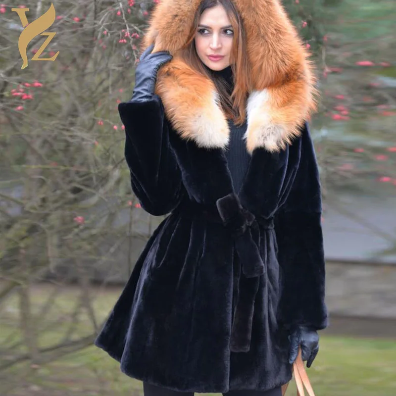

Full Pelt Rex Rabbit Fur Coats For Women Warm Winter Outerwear Clothes Slim Overcoats With Silver Red Fox Furs Hood Fashion 2018