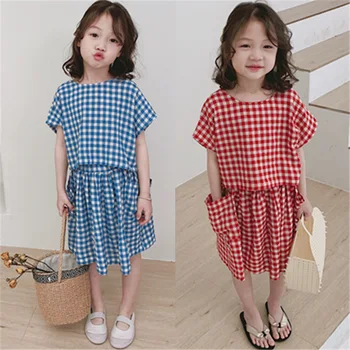 

Mihkalev kids summer clothes set for children 2 pieces tracksuit short sleeve tshirt +plaid skirt baby girl outfits droshipping