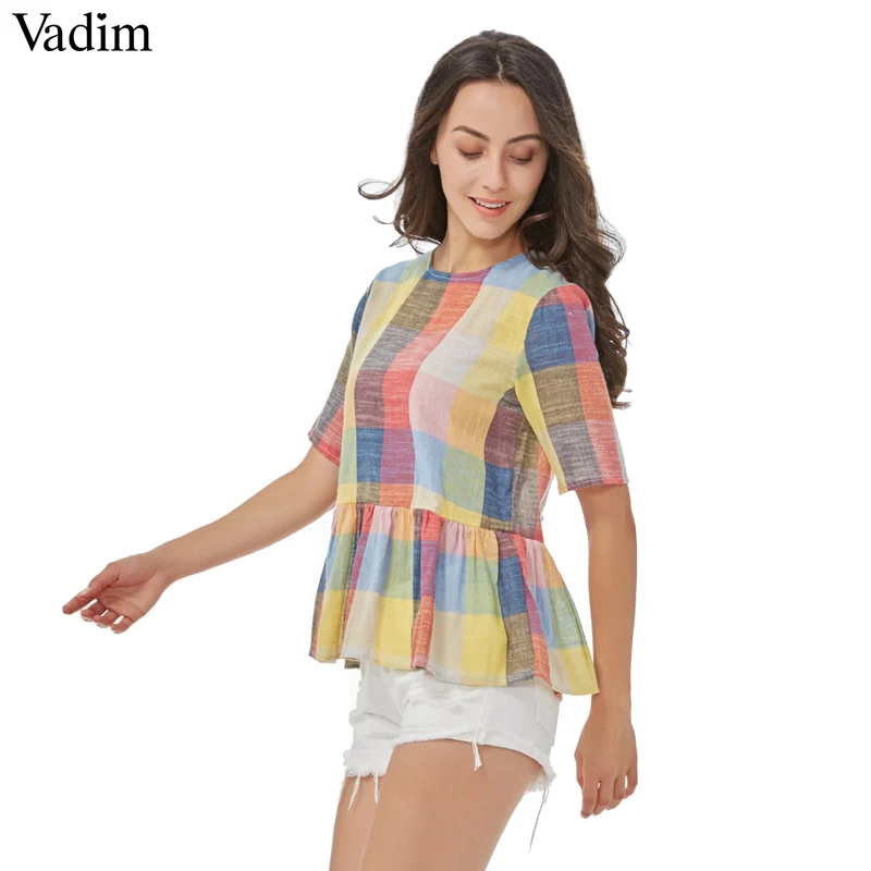 

Vadim women sweet colorful plaid shirts back bow tie short sleeve o neck blouse ladies summer casual tops blusas DT1068