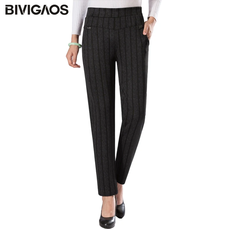 

BIVIGAOS Spring Autumn Striped Plaid Printing Middle Aged Women's Plus Size Casual Pants Simple Black Large Trousers Mom Pants