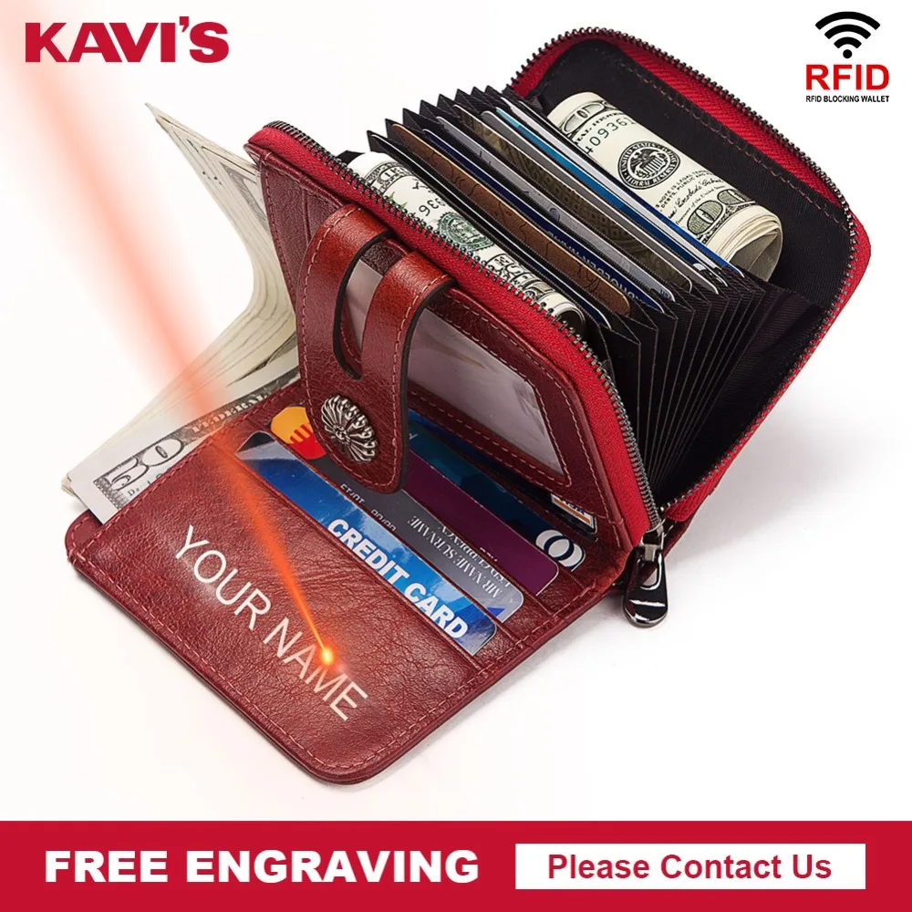 

KAVIS Genuine Leather Small Card Holder Women Wallet Female Red Color Coin Purse Multifunction Portomonee Bag Free Engraving