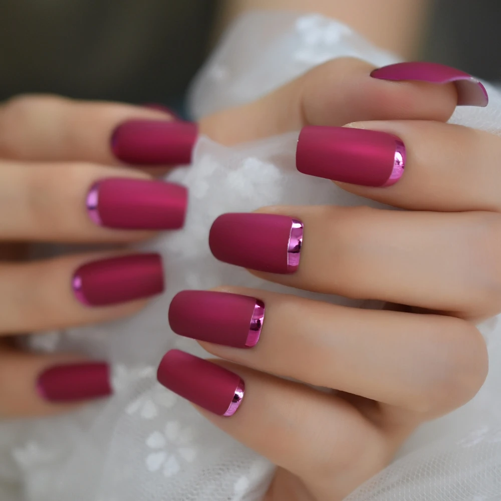  Slim Square Fake Nails Matte Rose Red with Metallic Moo Medium Size Frosted Artificial Acrylic Nail