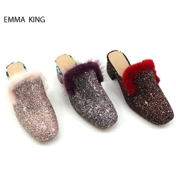 

2018 Spring Summer Bing Square Toe Fur Women Slippers Comfortable Chunky Heels Slides Flats Outdoor Home Casual Ladies Slippers