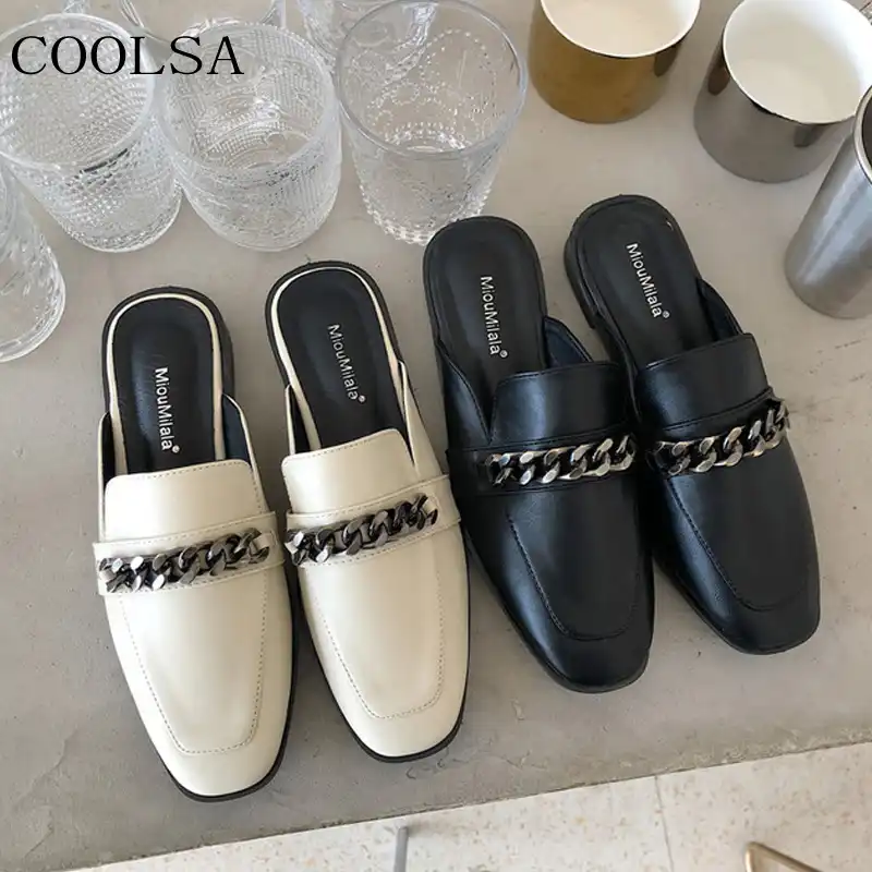 ladies black leather mules